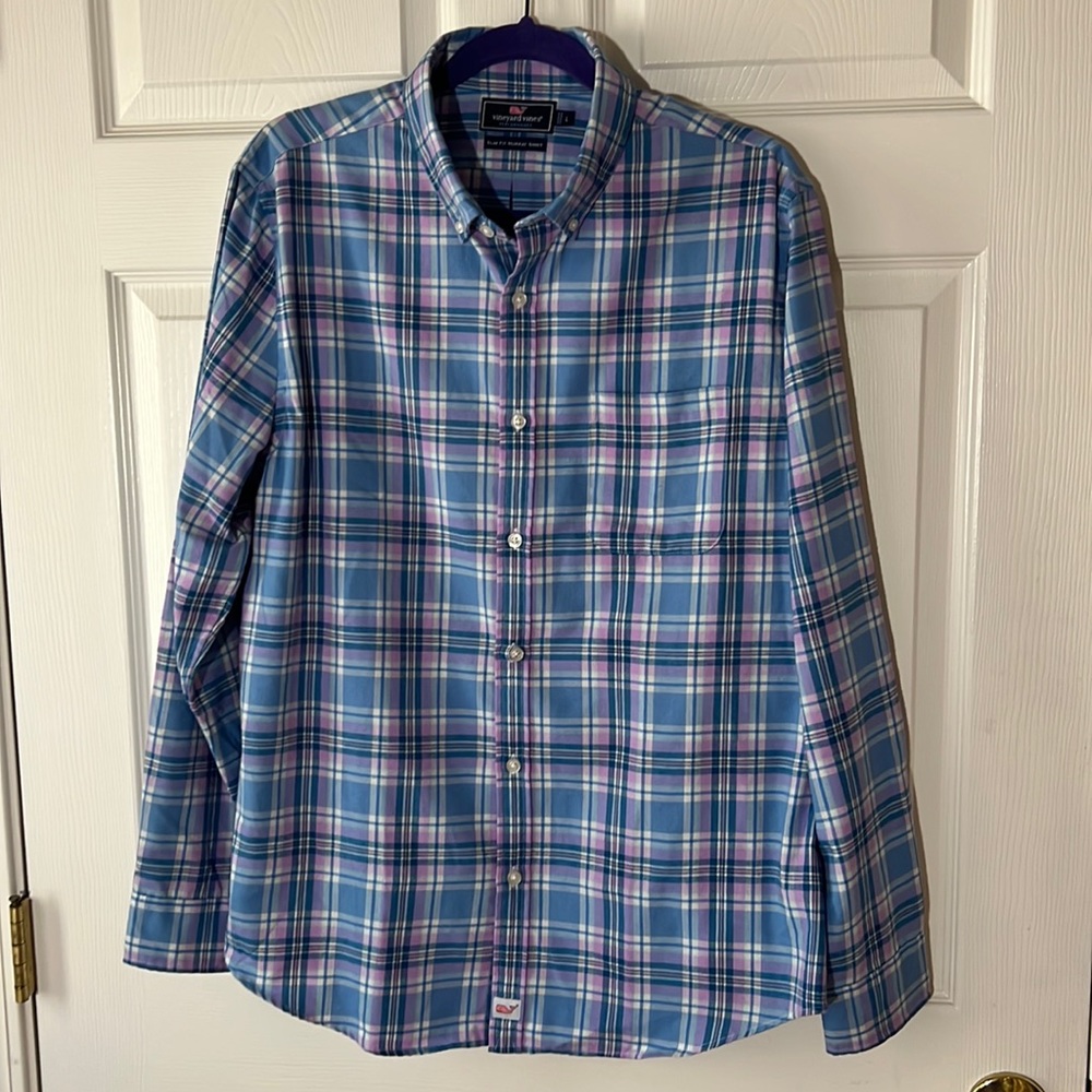 Vineyard Vines Performance Blue & Pink Slim Fit Murray Shirt‎ Long Sleeve, Sz L